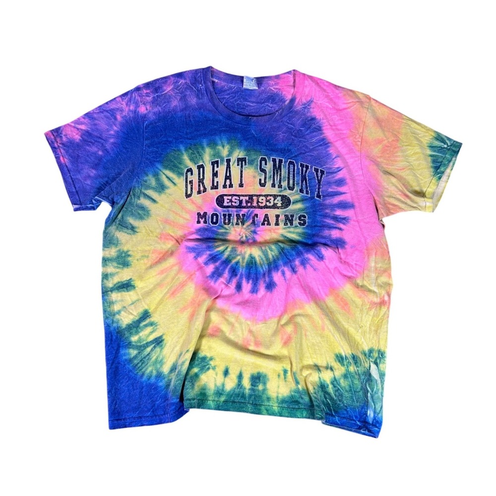 Y2K Great Smoky Mountains Tie Dye T Shirt Adult Size Large Blue Pink‎ Yellow